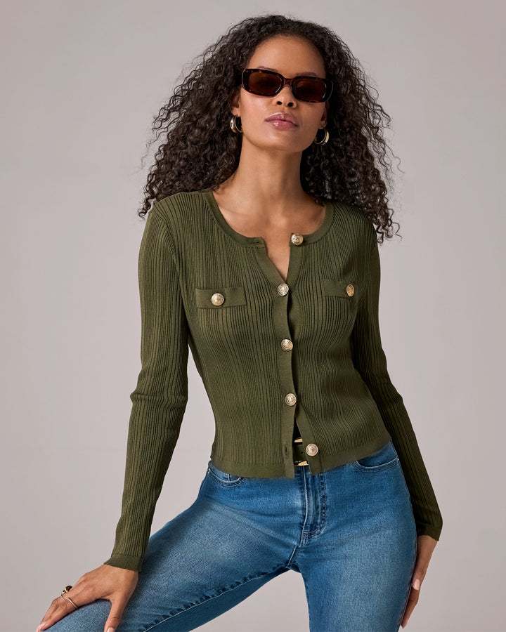 Crested Button Sweater Cardigan Olive Night