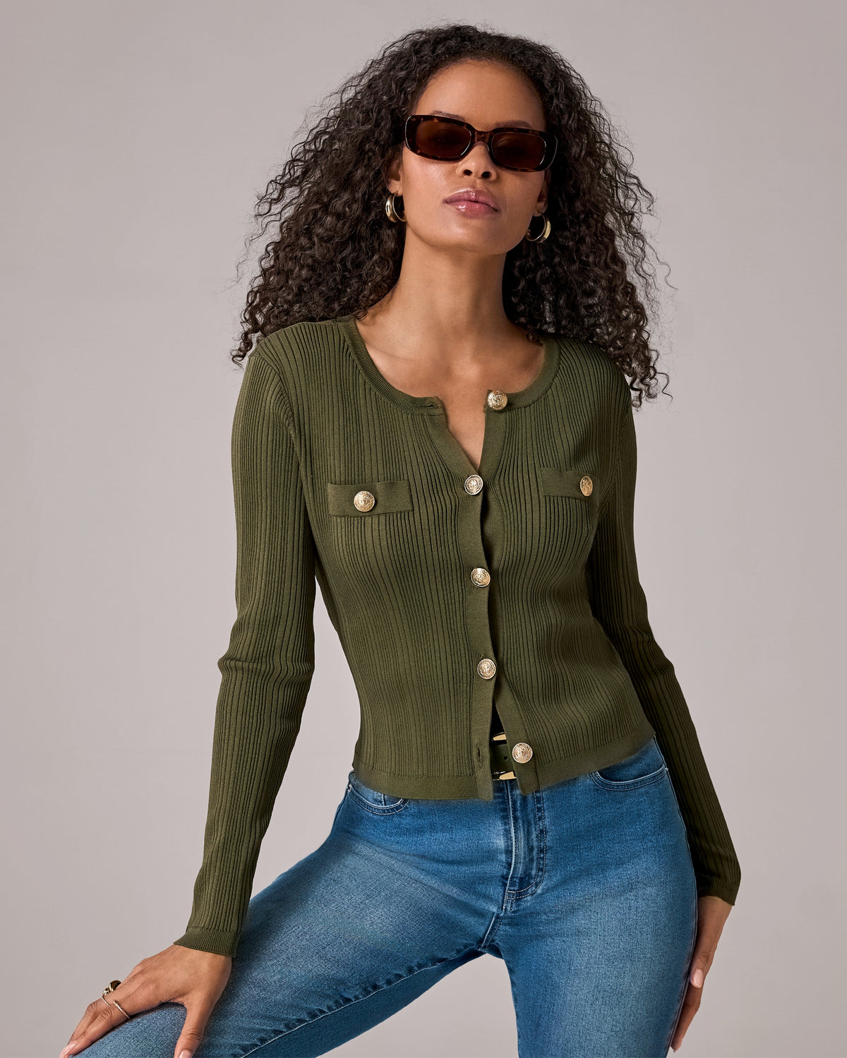 Crested Button Sweater Cardigan Olive Night