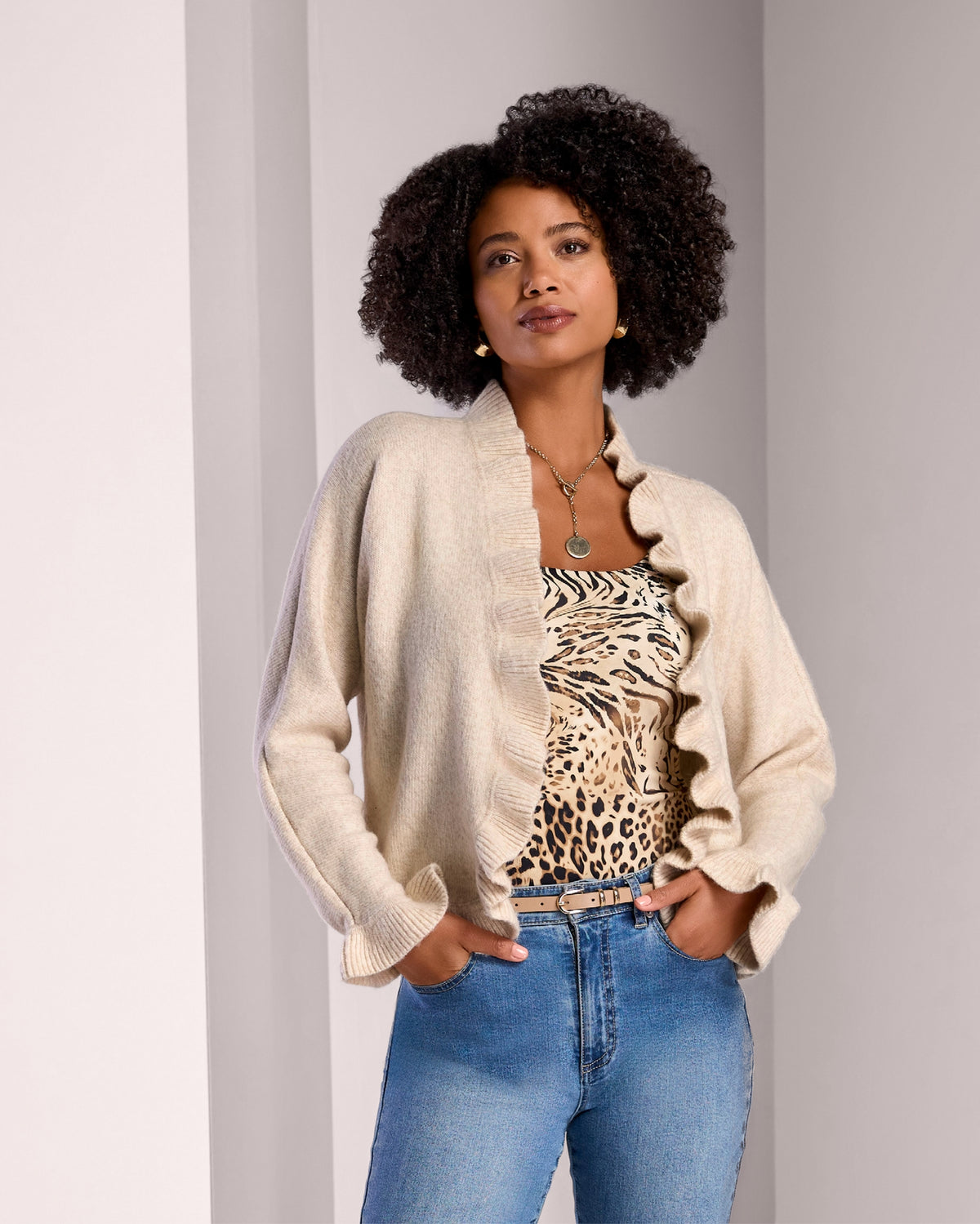 Relaxed Ruffle Open Front Cardigan Heather Oatmeal