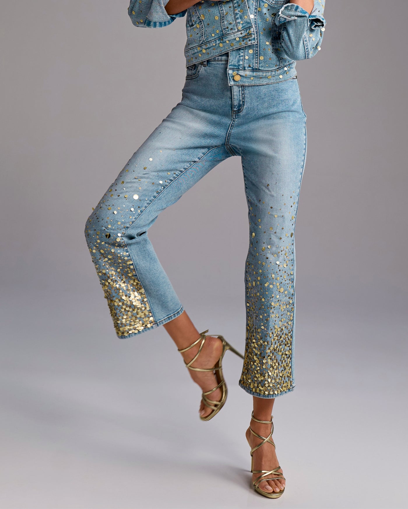 Ombre Sequin Kick Flare Crop Jean Medium Wash Denim