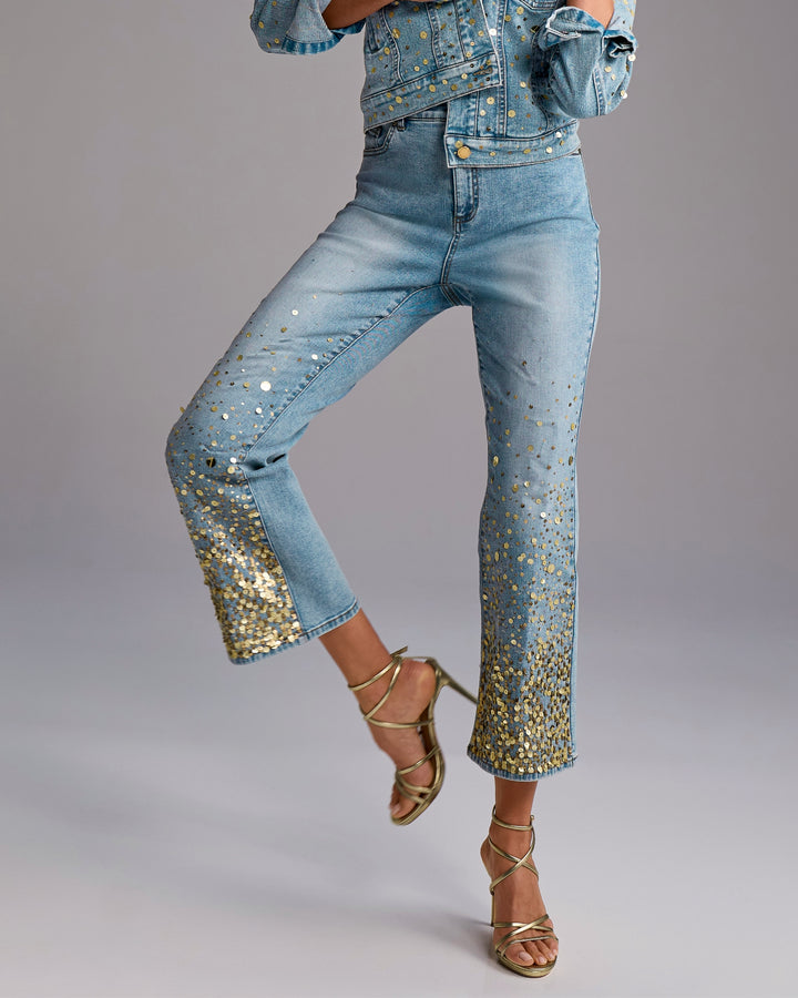 Ombre Sequin Kick Flare Crop Jean Medium Wash Denim