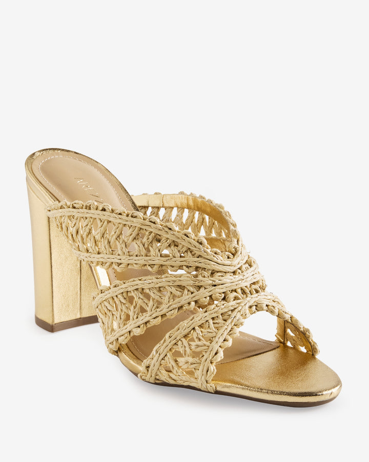 Arezzo Woven Metallic Raffia Block Heel Natural/Gold