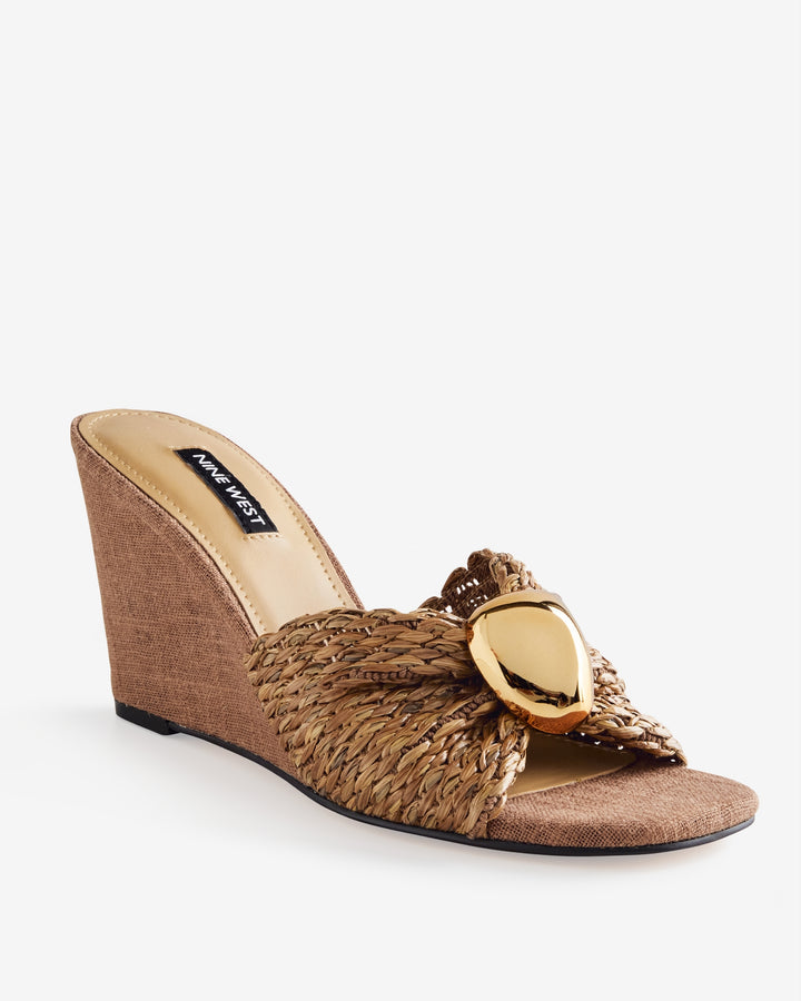 Nine West Raffia Gold Hardware Wedge Brown
