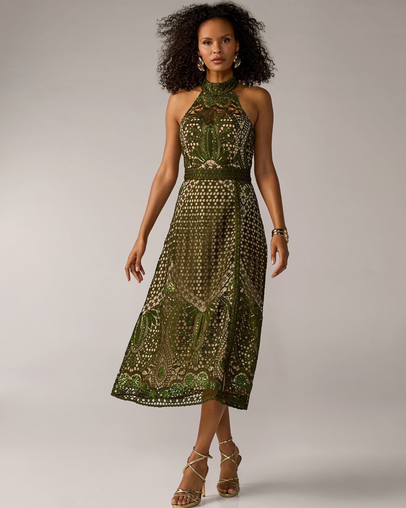 Tonal Sequin Embellished Lace Dress Olive