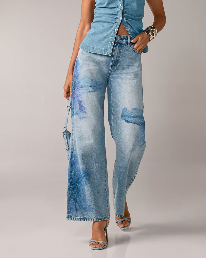 Wide Leg Floral Print Denim Jean Light Med Wash