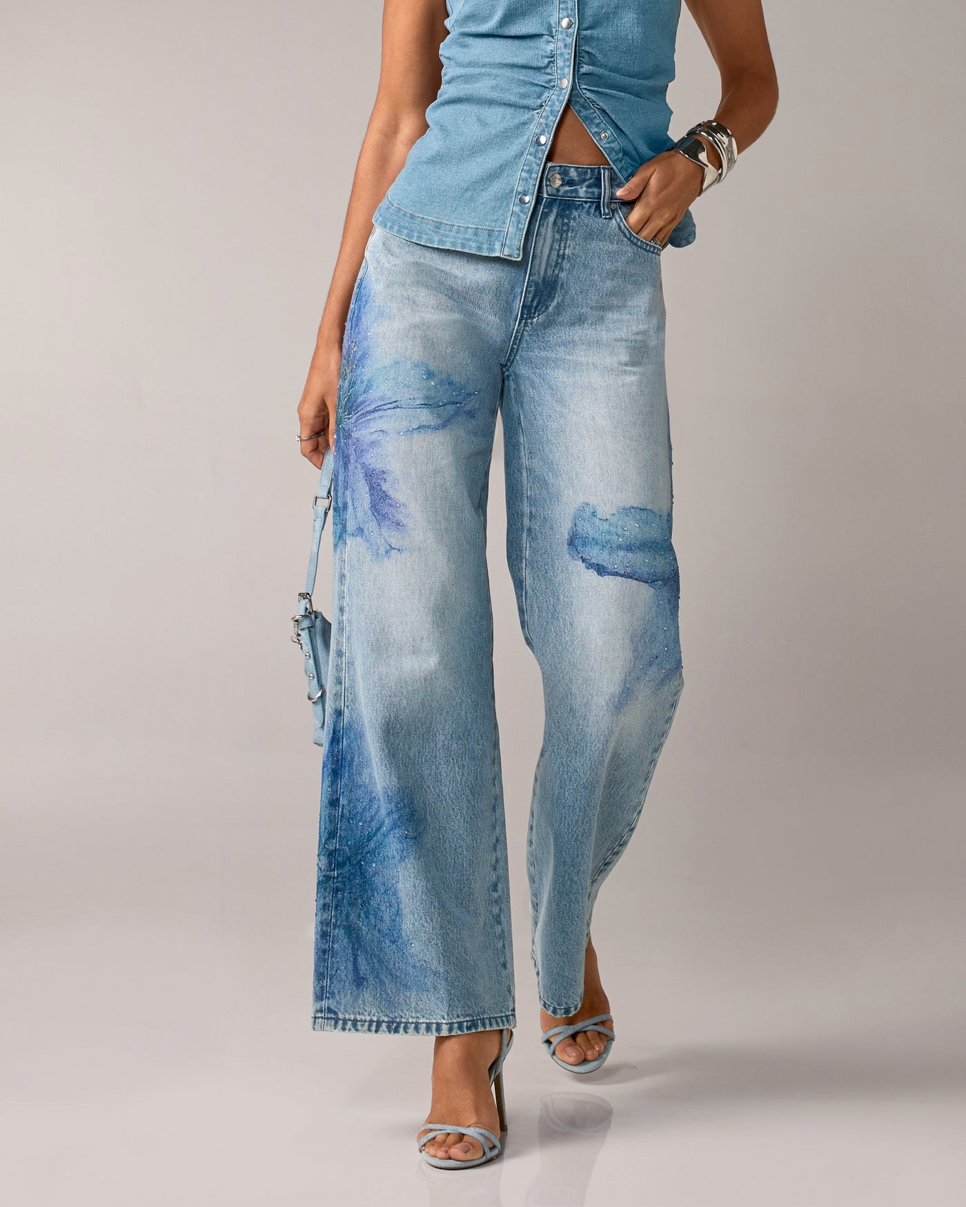 Wide Leg Floral Print Denim Jean Light Med Wash
