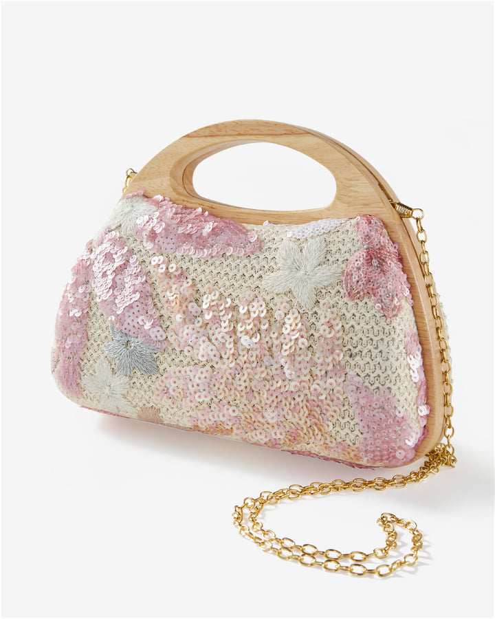 Sequin Wood Handle Clutch Pink/White