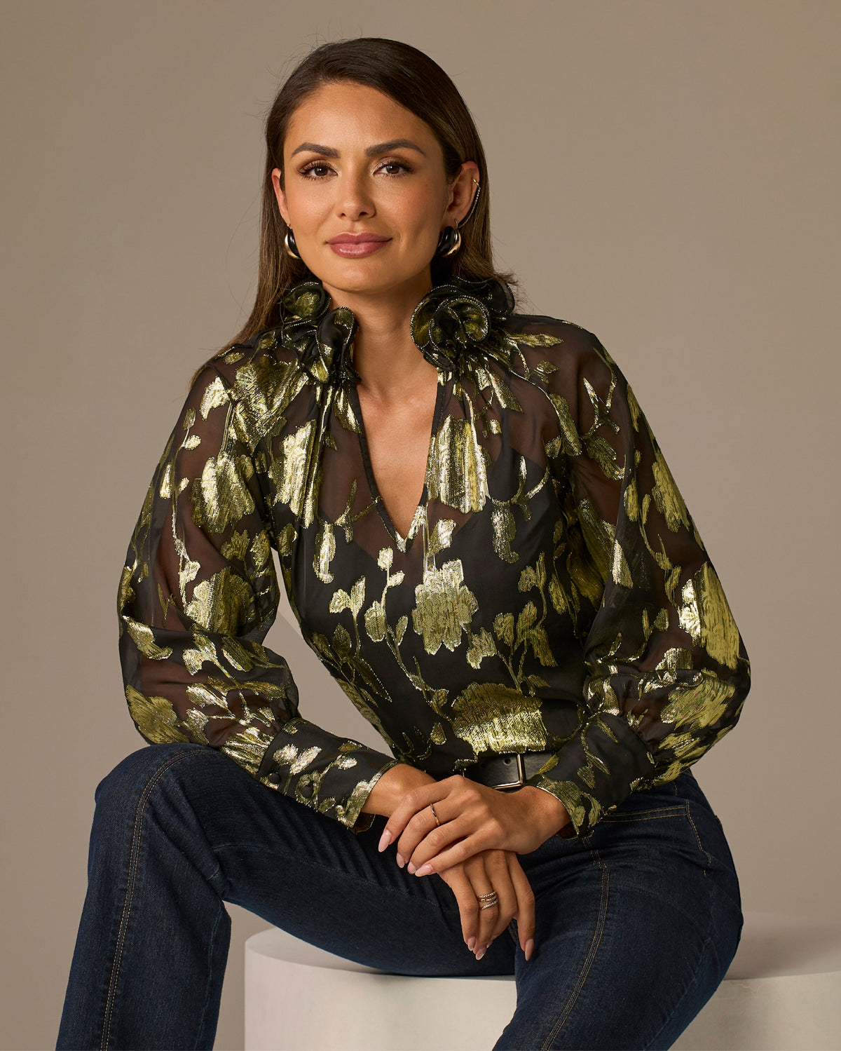 Ruffle Collar Novelty Blouse Black/Gold