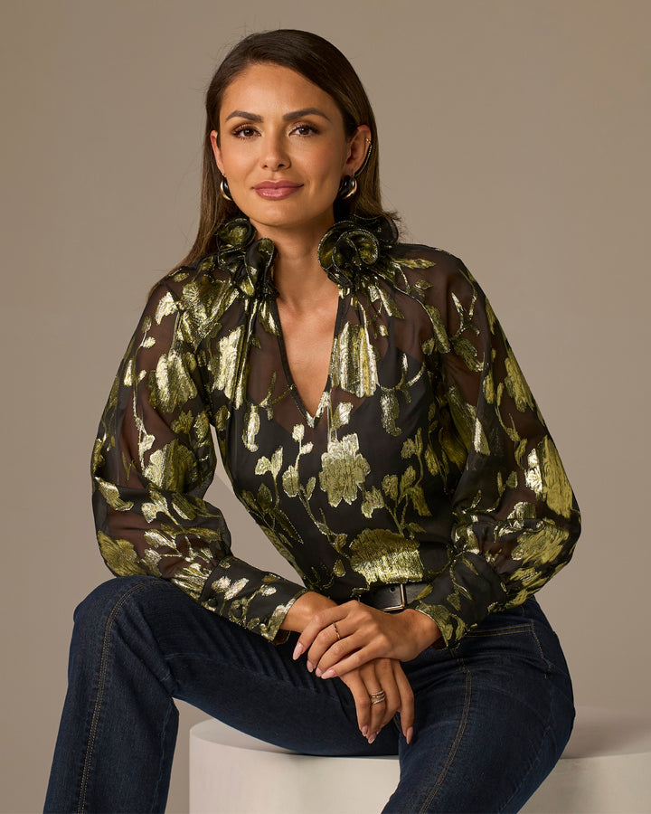 Ruffle Collar Novelty Blouse Black/Gold