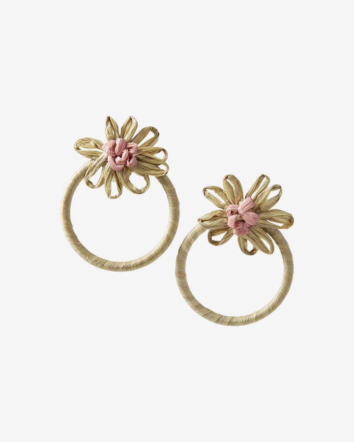 Flower Raffia Hoop Earring Natural/Pink