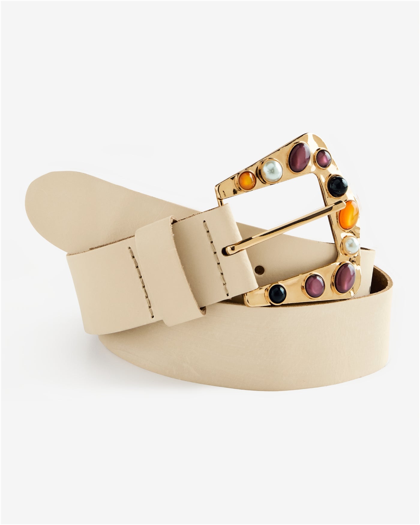 Embellished Gem Buckle Belt Beige
