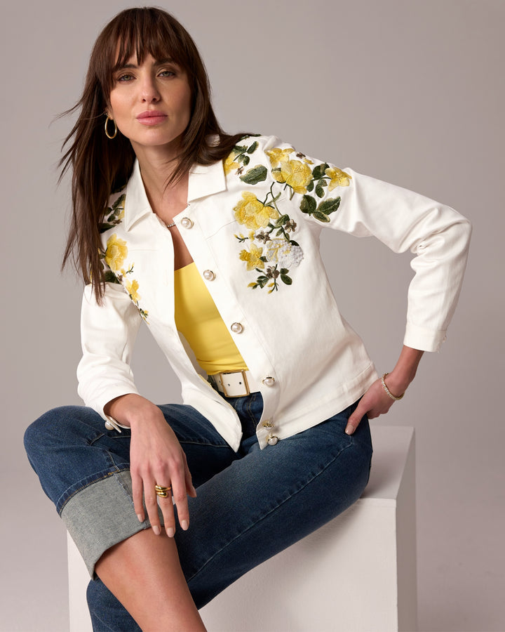 Denim Jacket with Floral Applique White Multi