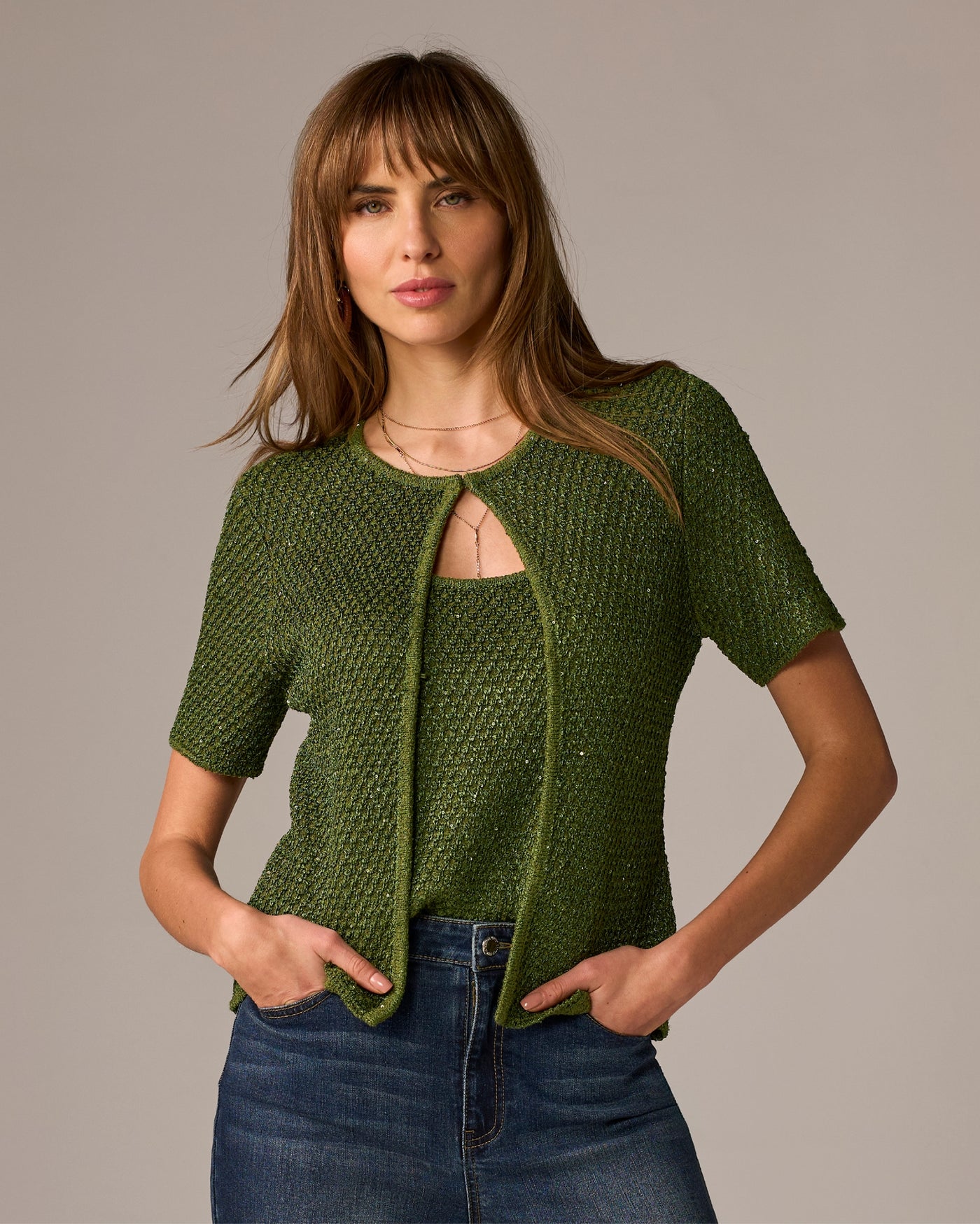 Sequin and Metallic Short Sleeve Cardigan & Tank Set Metallic Bronze Green