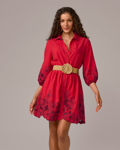 Boston Proper - Tomato Red - Floral Eyelet Detail Shirt Dress