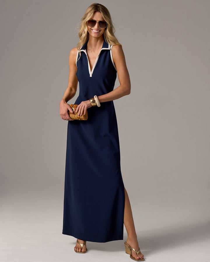 Beyond Travel Piped Collared Maxi Dress Maritime Navy/Ivory Coast