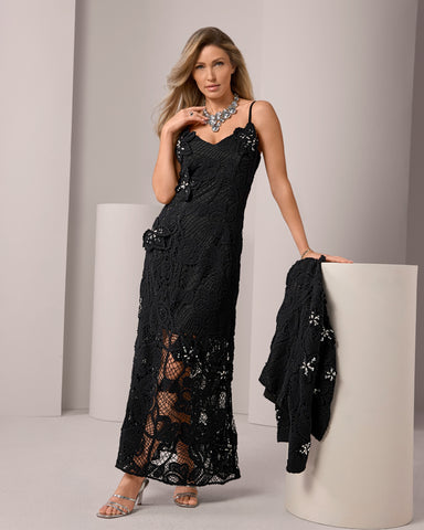 black maxi crochet dress Next Level One-Shoulder MATERIAL POLYESTER/ACRYLIC Black Crochet Bodice Tiered Maxi