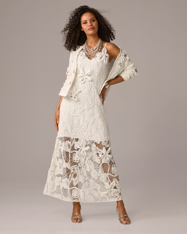 3D Floral Crochet Embellished Maxi Dress Off White