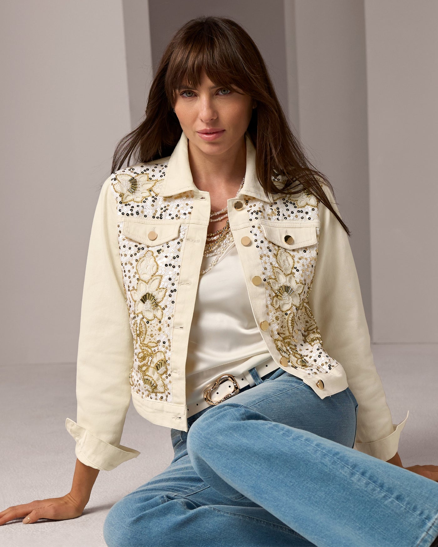 Mixed Metal Sequin and Beaded Denim Jacket White Swan