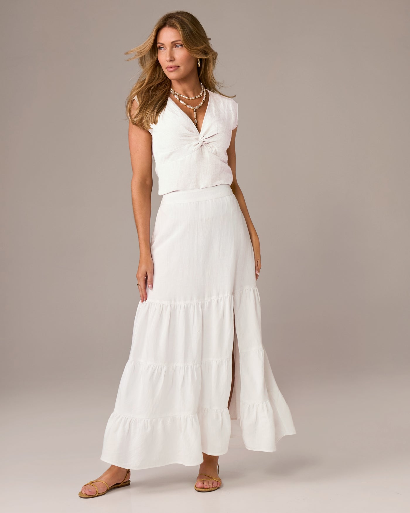 Tiered Linen Midi Skirt Pure White