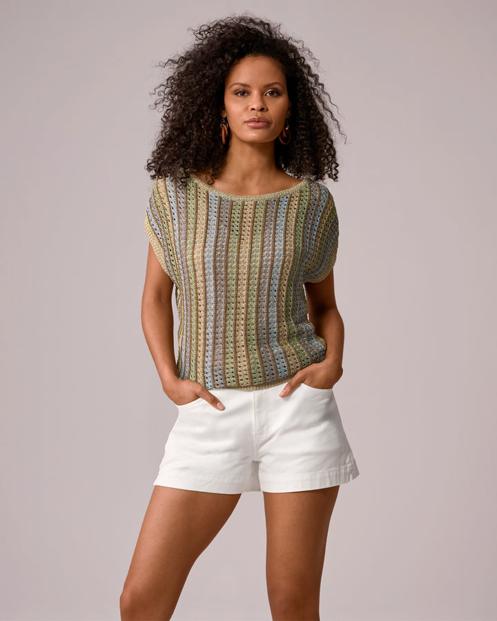 Striped Crochet Boatneck Sweater Top Multi