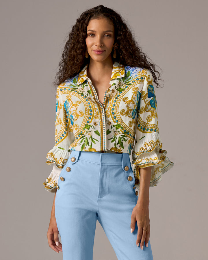 Printed Linen Drama Ruffle Sleeve Shirt Butterfly Garden