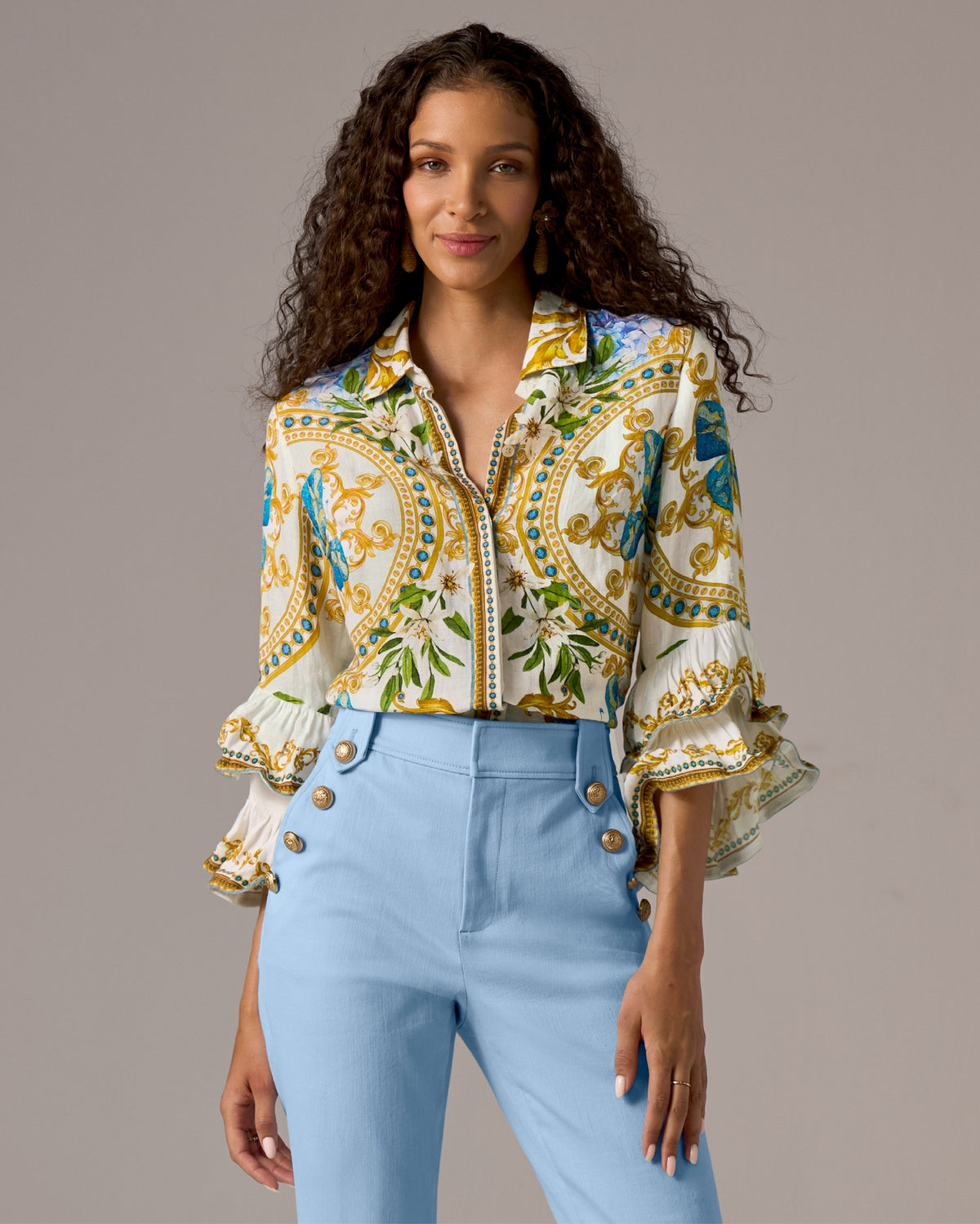 Printed Linen Drama Ruffle Sleeve Shirt Butterfly Garden