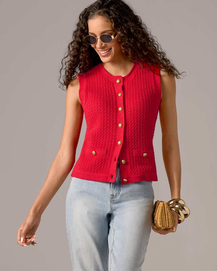 Sleeveless Textured Knit Button Front Sweater Tomato Red