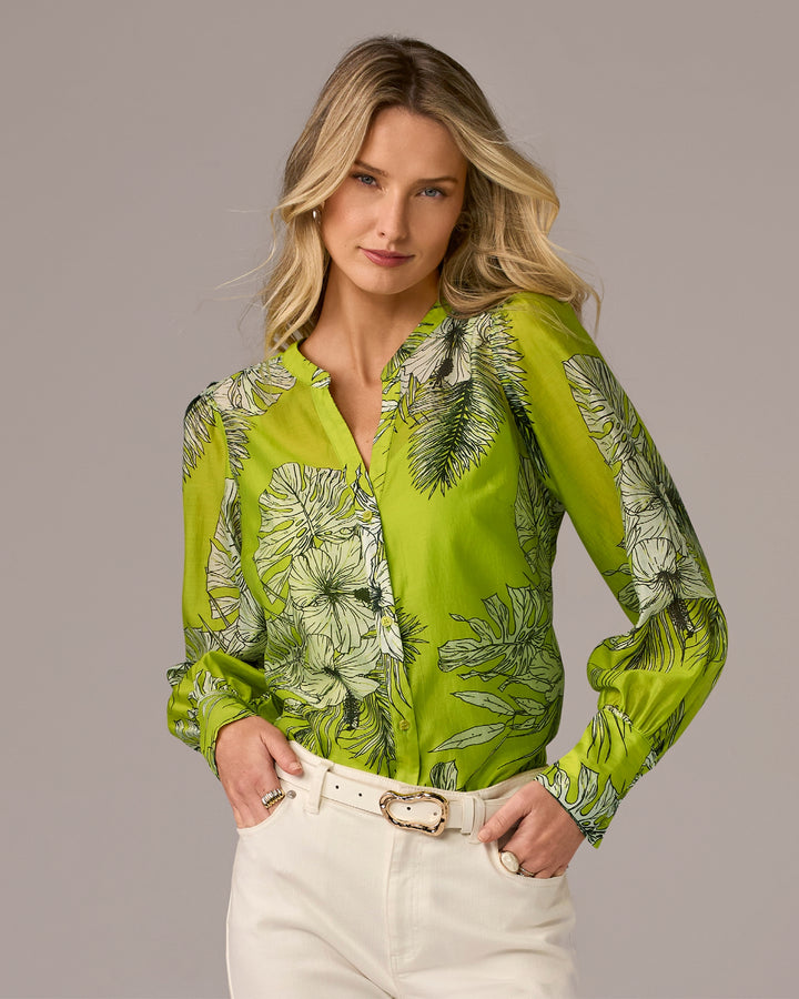 Printed Notch Collar Blouse Tropical Neon