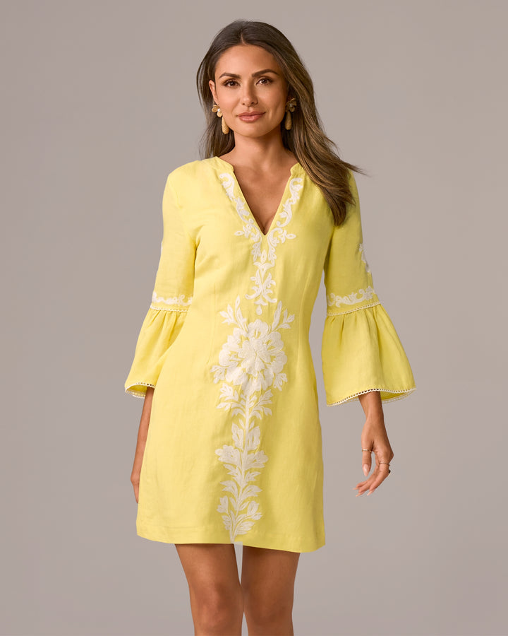 Embroidered Flare Sleeve A Line Dress Lemon Drop