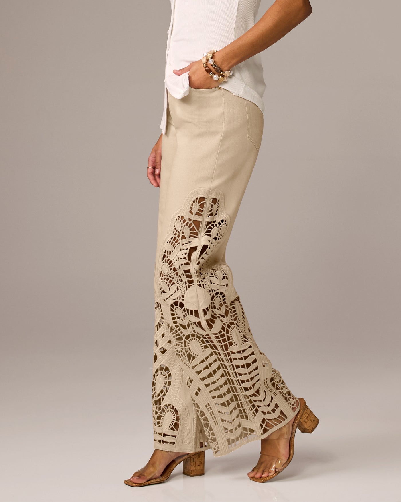 Eyelet Cutout Flare Jean Smoke Gray