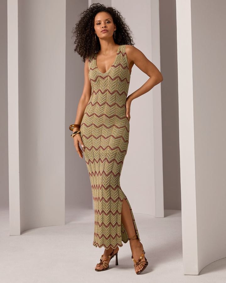 Metallic Pointelle V Neck Tank Dress Gold