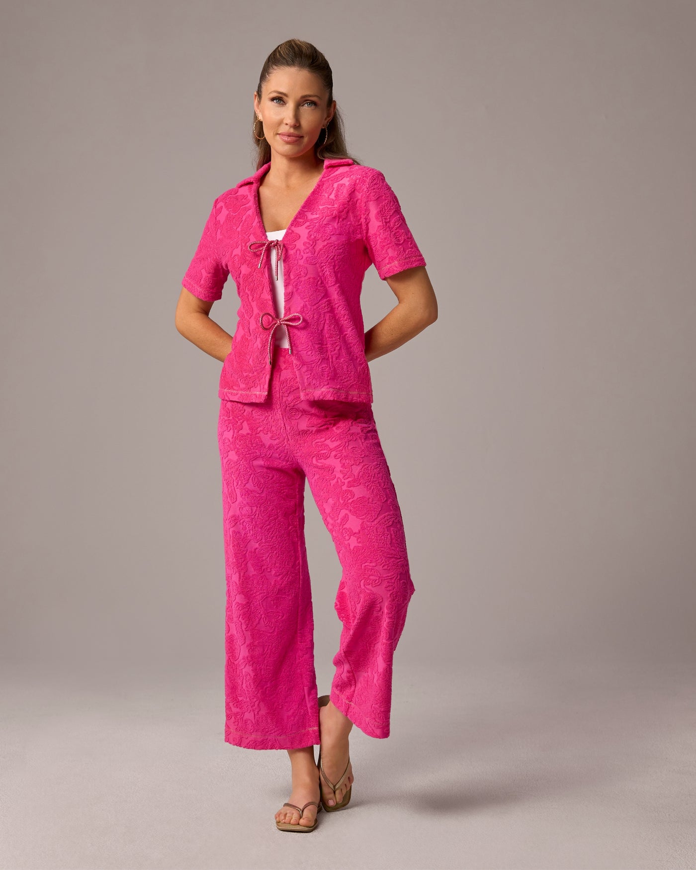 Textured Beach Terry Tie Front Shirt and Cropped Pant Set Blossom