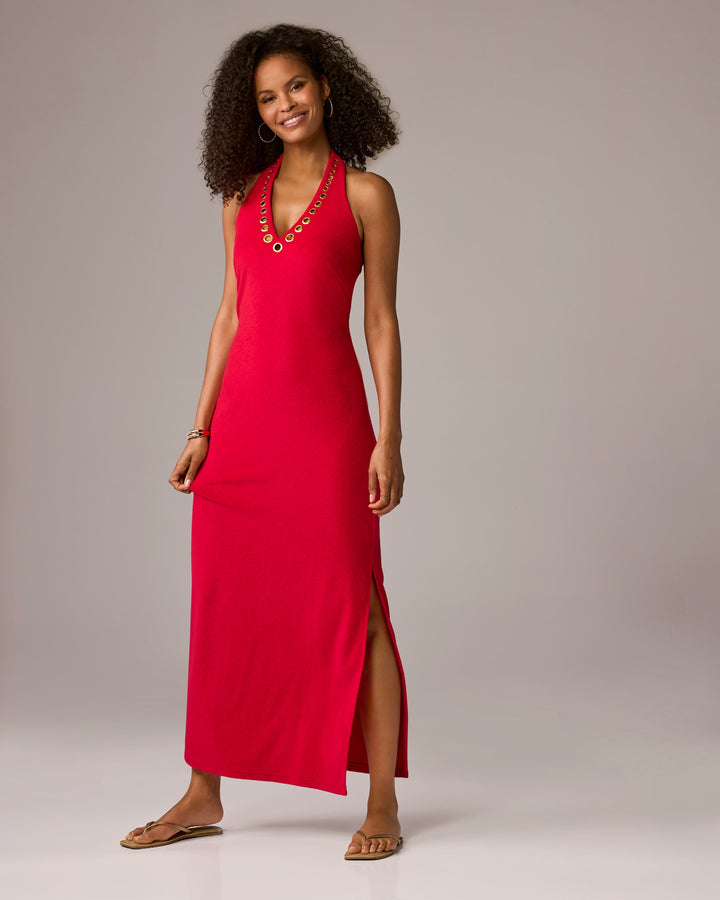 Beach Terry Grommet Detail Halter Maxi Dress Tomato Red