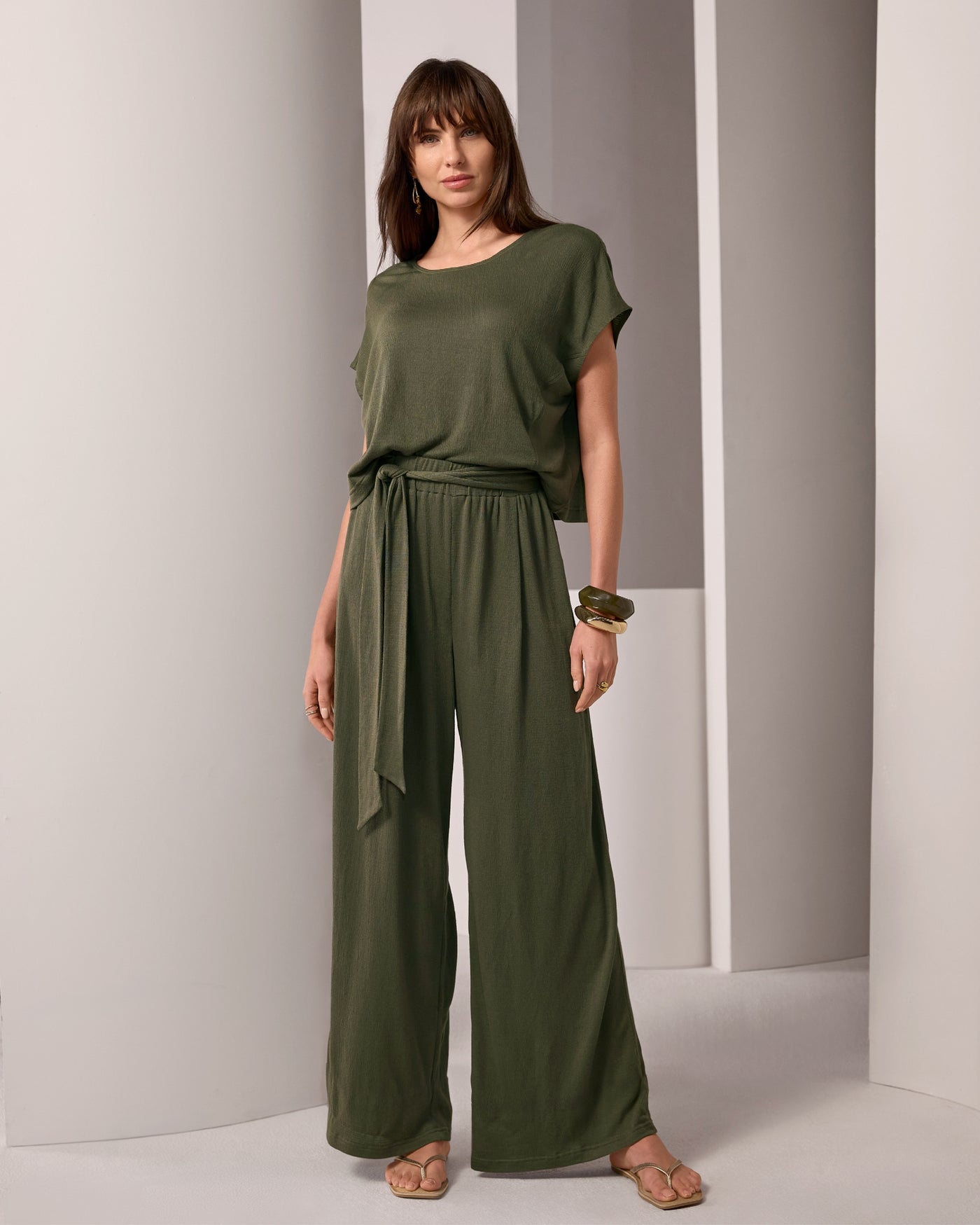 Textured Knit T-Shirt and Pant with Sash Set Olive Night