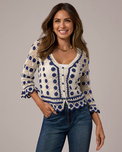V-Neck Scallop Crochet Cardigan - Navy/White | Boston Proper