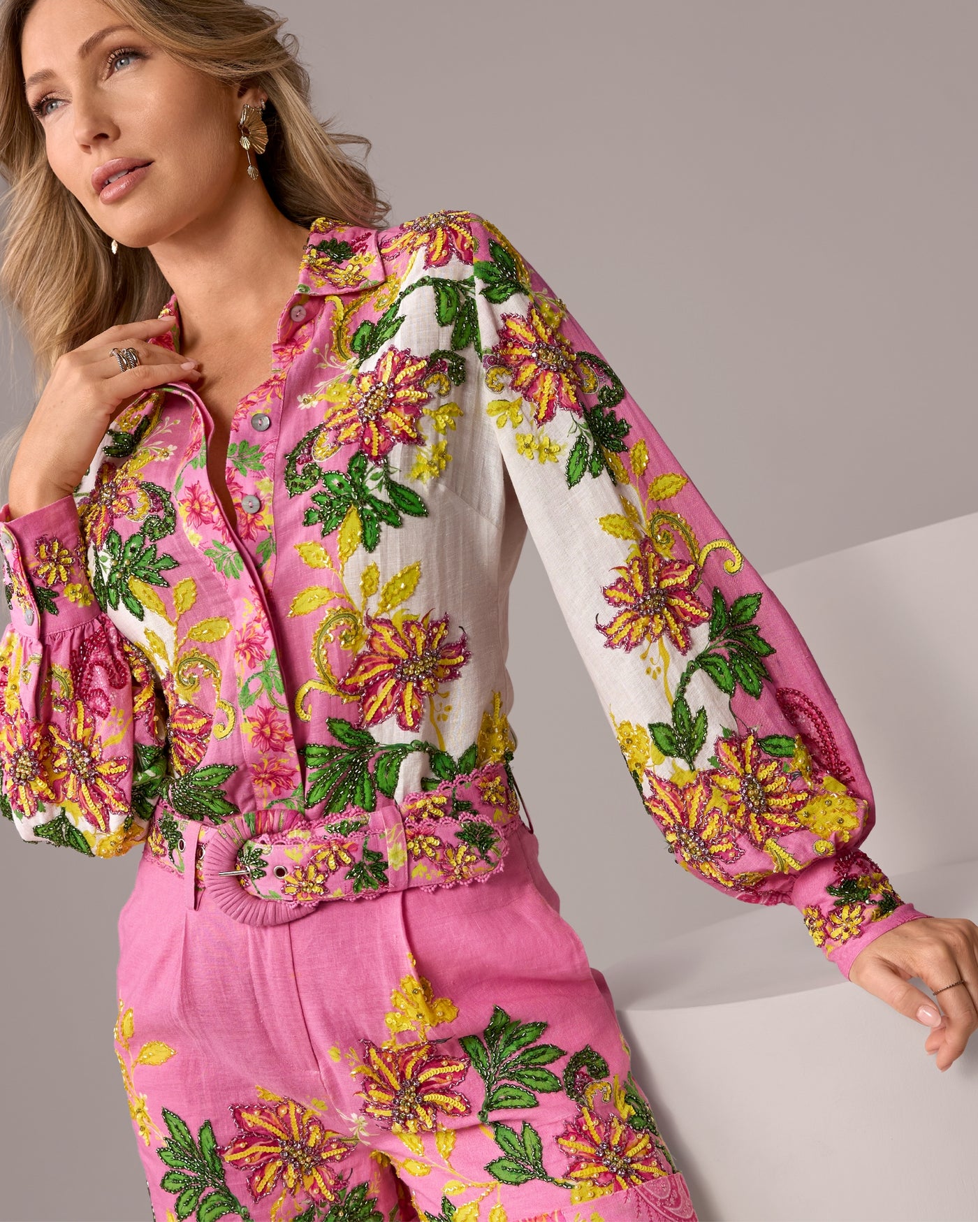 Printed Linen Embellished Shirt Embellished Garden