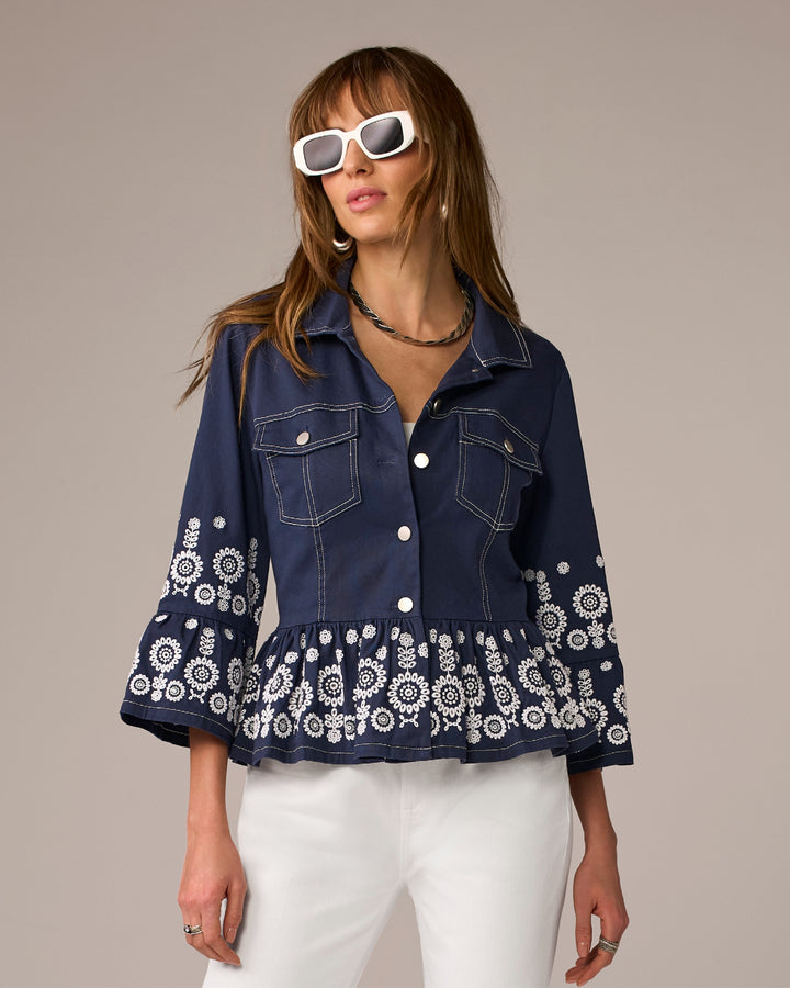 Eyelet Peplum Jacket with Flare Sleeve Navy