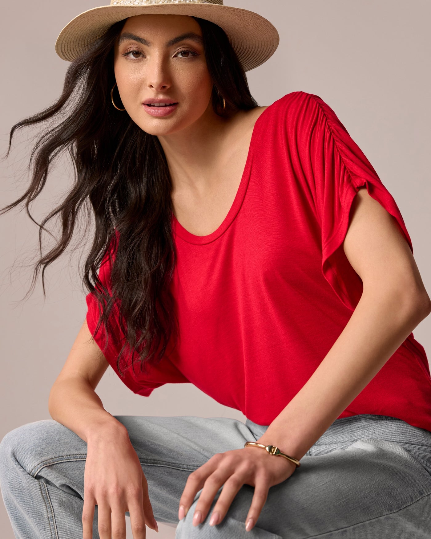 Ruched Sleeve T Shirt Tomato Red
