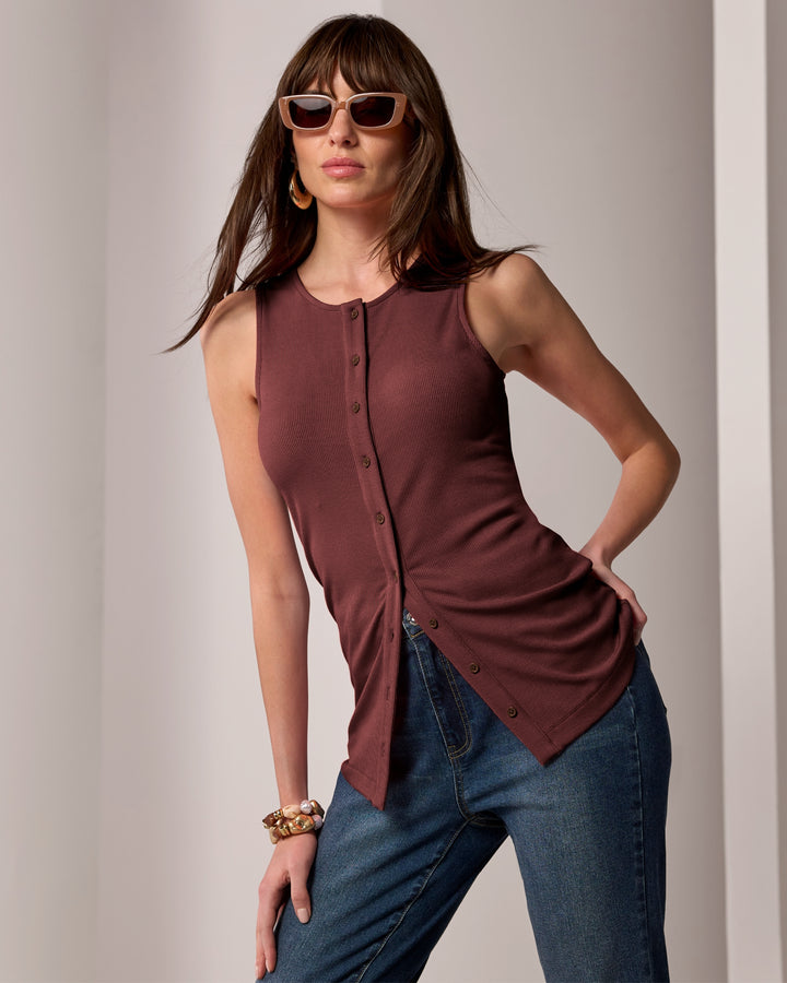 So Essential Button Down Knit Tank Russet Brown