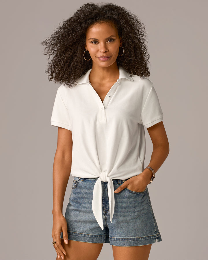 Tie Front Pique Polo Shirt Pure White