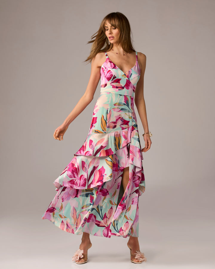 Ruffle Slit Printed Maxi Dress Multi