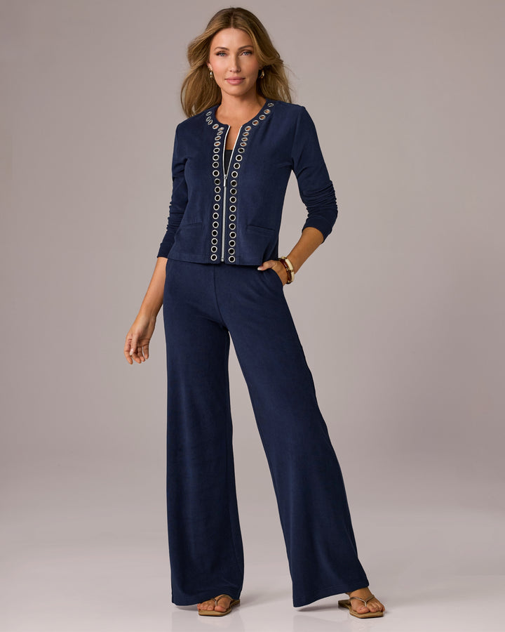 Grommet Detail Beach Terry Cardigan Pant Set Navy