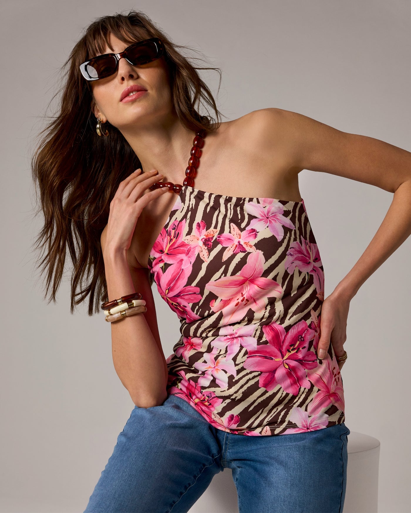 So Chic Printed Sleeveless Knit Top Exotic Escape
