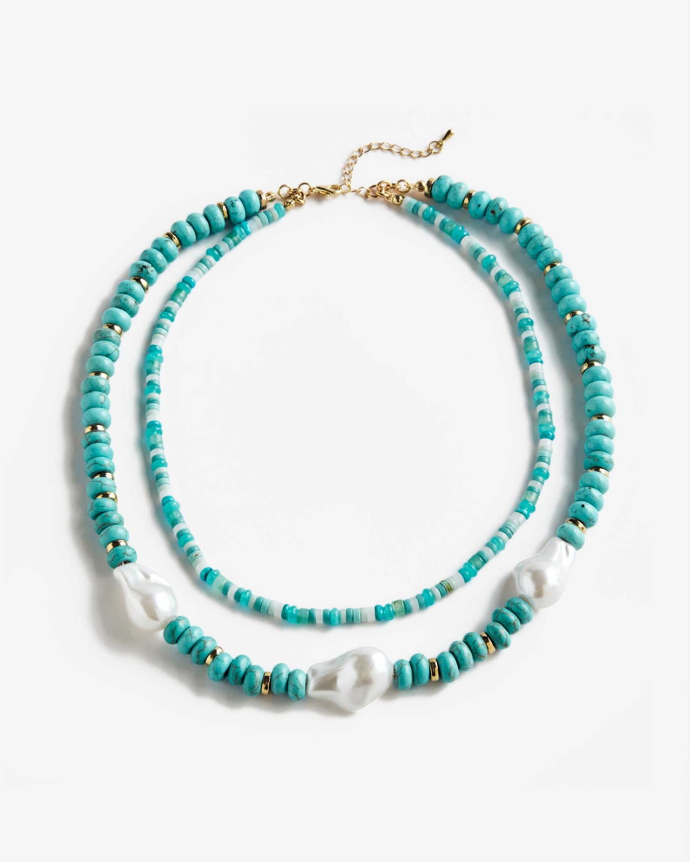 Double Strand Turquoise and Pearl Beaded Necklace Turquoise