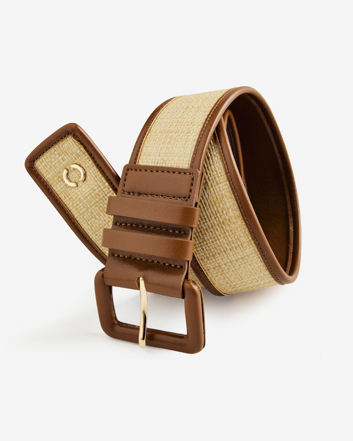 Raffia Leather Trimmed Classic Belt Natural