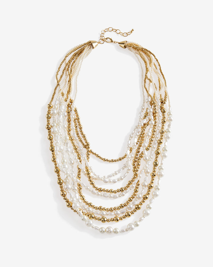 Multi Strand Pearl and Beaded Necklace White/Gold