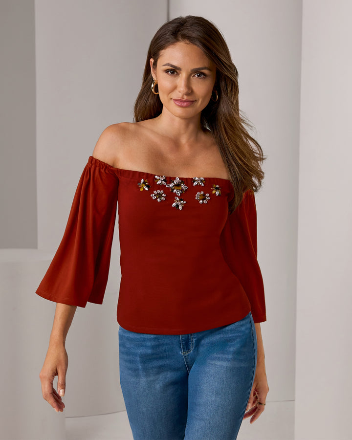 Rhinestone Embellished Off Shoulder Knit Top Madder Brown