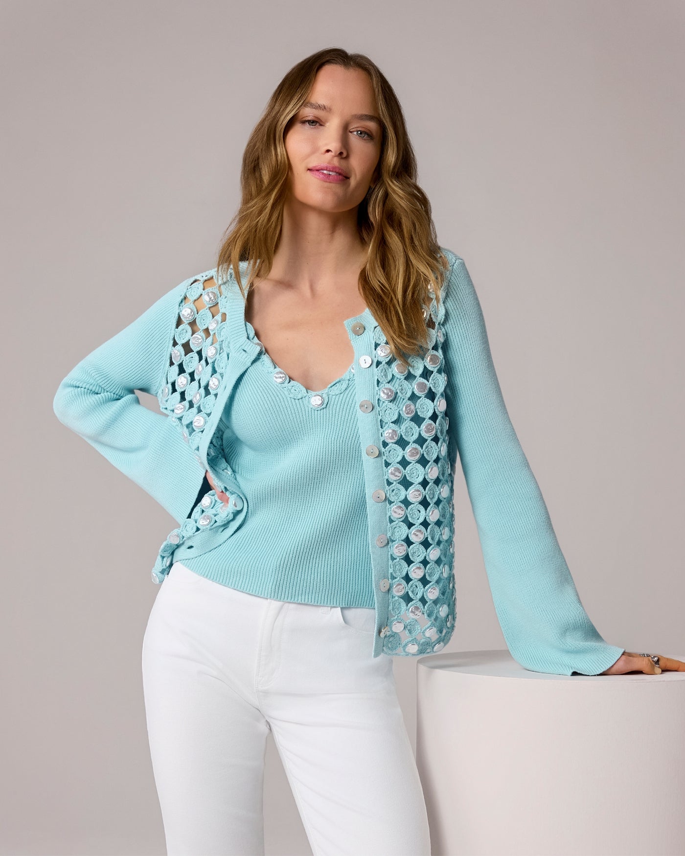 Fresh Water Pearl Crochet Cardigan Blue Glow