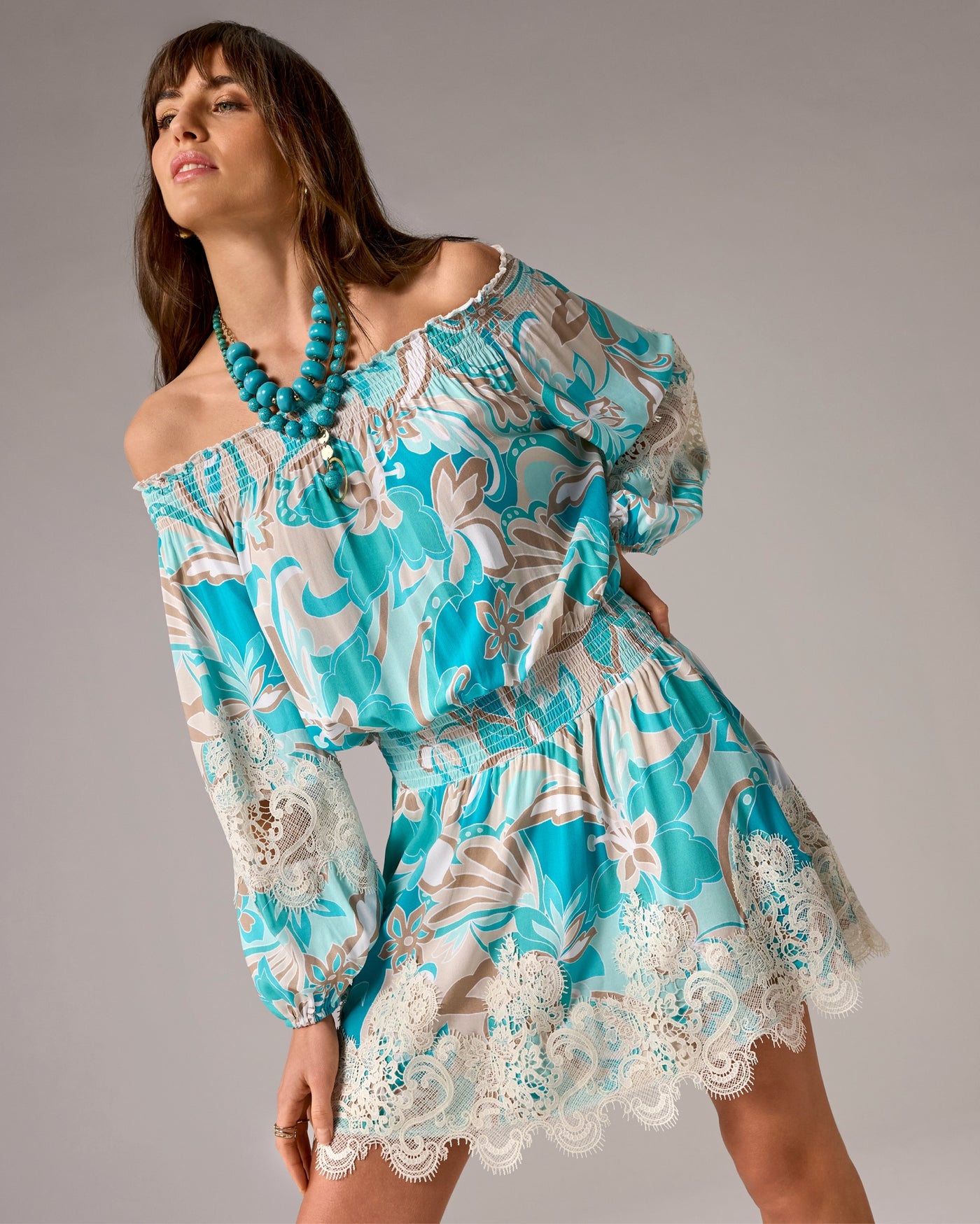 Off The Shoulder Printed Lace Trim Dress Agua Abstract