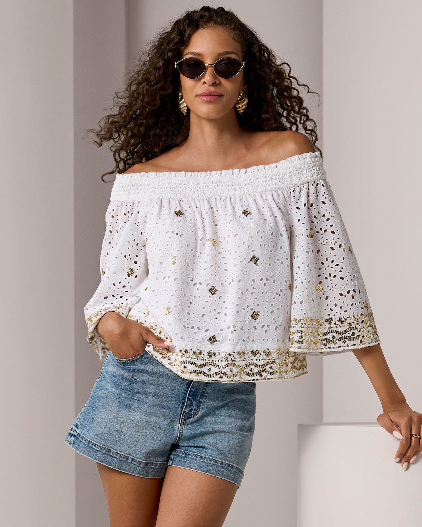 Off The Shoulder Novelty Embroidered Eyelet Top White/Gold